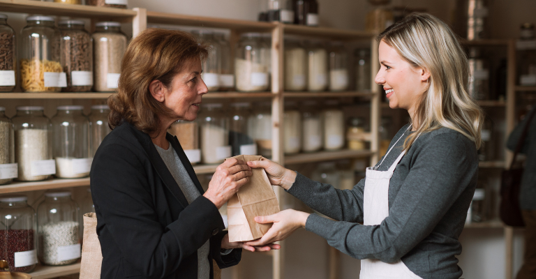 Venditrice e cliente all'interno di un negozio di spezie