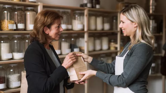 Venditrice e cliente all'interno di un negozio di spezie